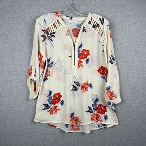 Maurices Women's Blouse Top Size Medium Roll Tab Sleeves Semi Sheer Multi Color